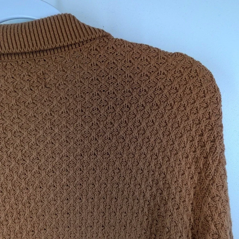 NWT The Commons Mens Textured Knit‎ Long Sleeve Polo Sweater Camel Brown Large